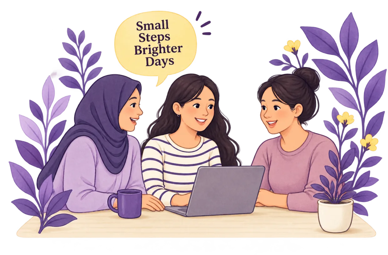 Tiga ibu berbincang dan belajar bahasa Inggris bersama di meja, dengan balon kata “Small Steps Brighter Days”.